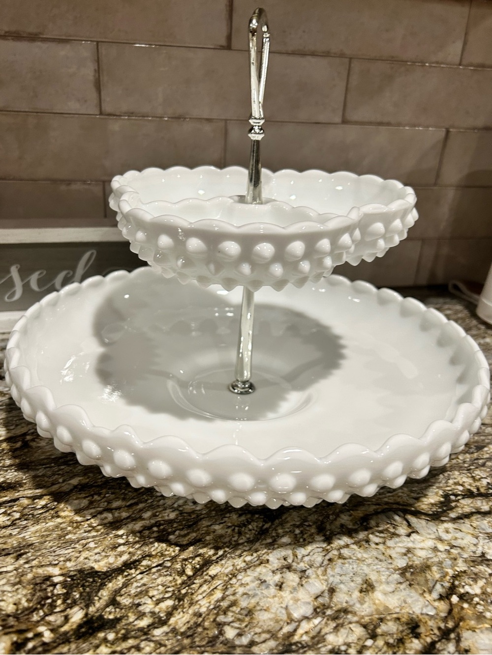 Vintage Fenton White Milk Glass Two-Tier Serving Stand